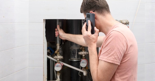 Man standing beside open utility hatch and calling for emergency plumber